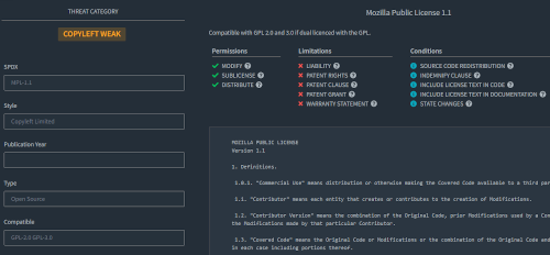 open source license details in Threatrix ThreatCenter dashboard. © Threatrix, Inc.